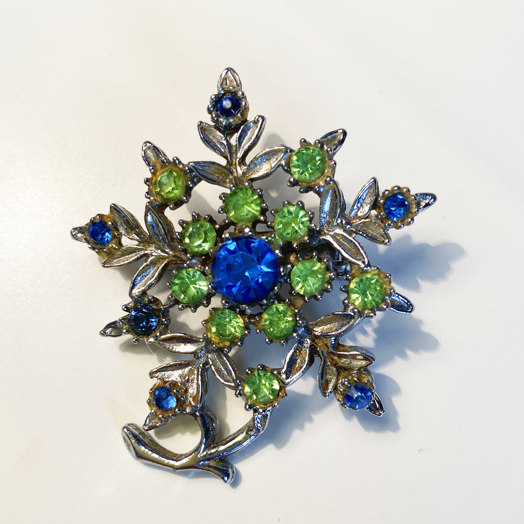 Green and Blue Rhinestone Flower Brooch